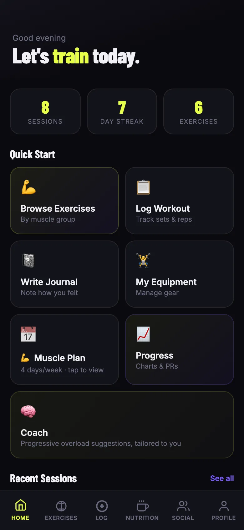 The IronLog home screen showing sessions, streak and quick actions