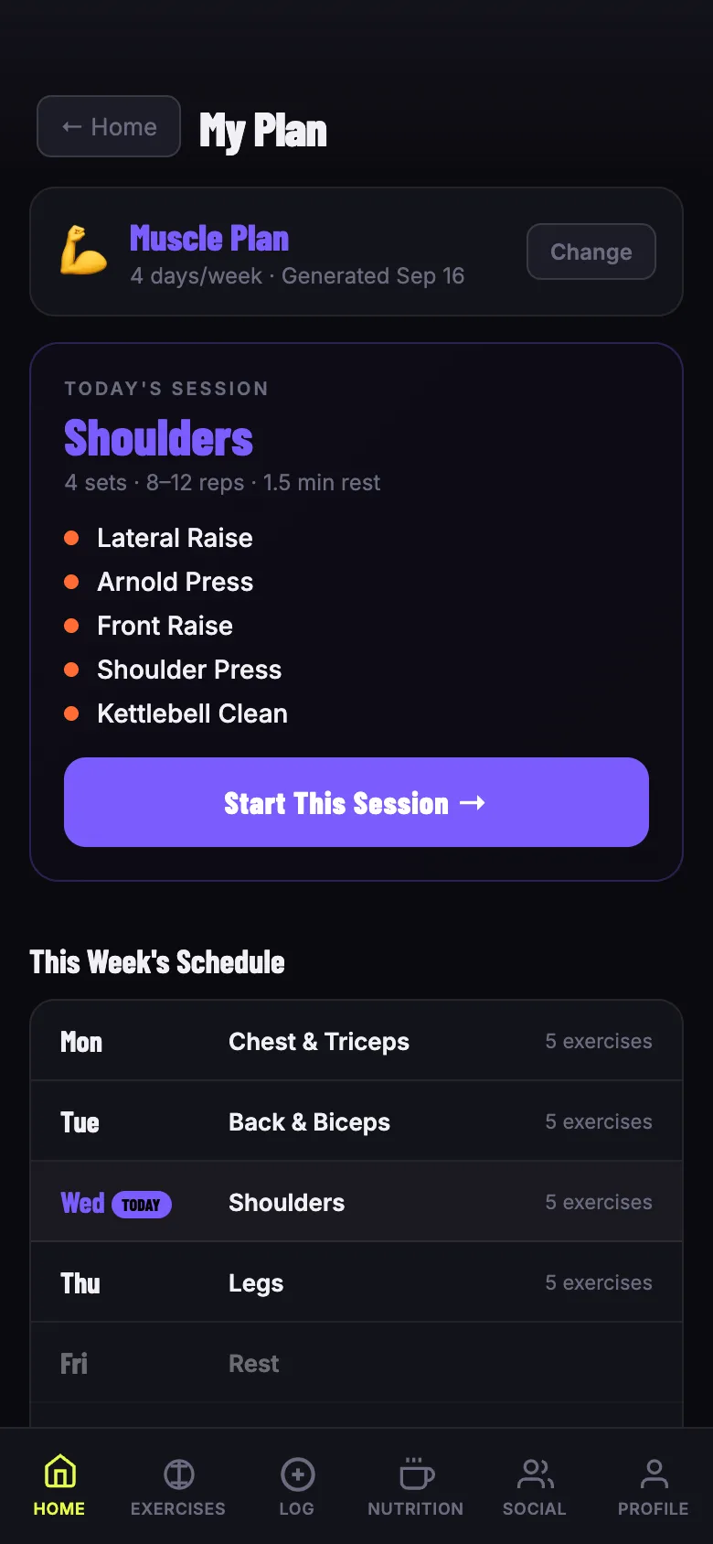 A week's training plan in the app
