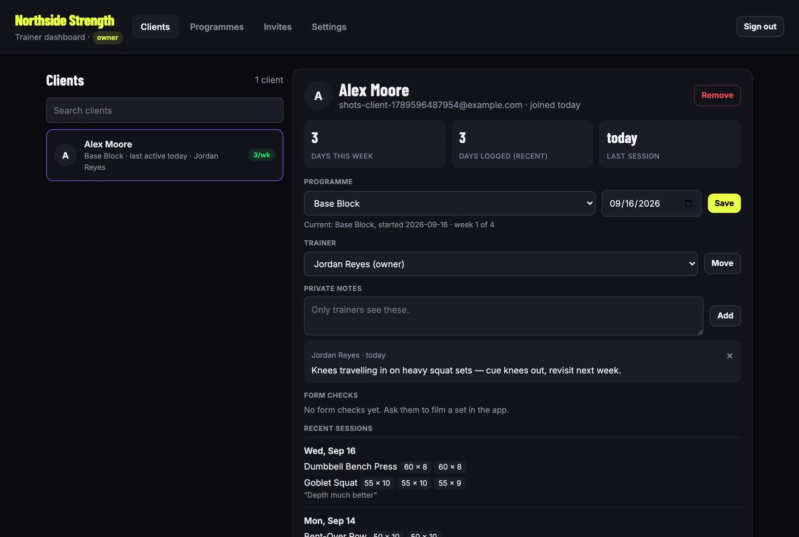 The trainer dashboard showing a client's sessions, programme and private notes